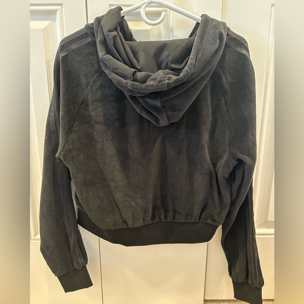 Adidas Womens size L Black 3-Stripes Velour Loungewear Cropped Full Zip Hoodie - Picture 7 of 7